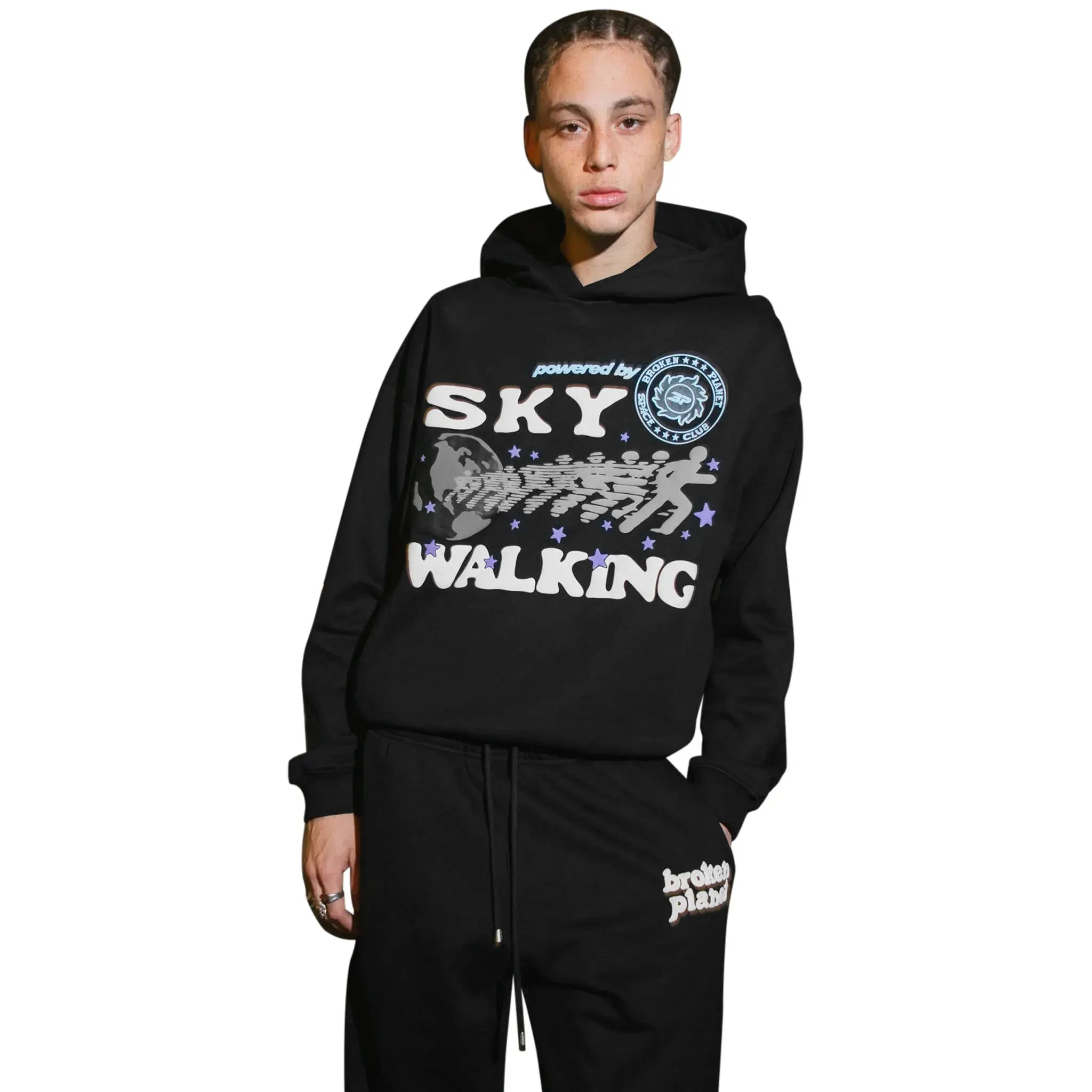 Model front view of Broken Planet Sky Walking Midnight Black Hoodie